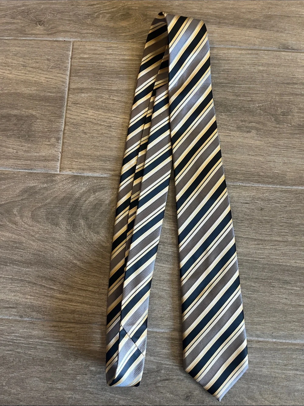 Striped Men’s Tie in Gray, Gold, and Black